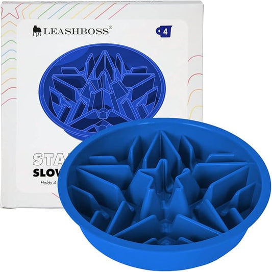 Leash Boss Slow Feeder Dog Bowls - 4 Cup, Puzzle Dog Food Bowl with Feeder Holes, Fits into Elevated Pet Feeders, Slow Eating for Large, Medium & Small Sized Breeds, Blue