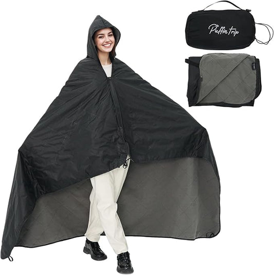 Wearable Warm Camping Blanket Waterproof Windproof Quilted Fleece Stadium Outdoor Blanket with Portable Bag for Cold Weather Camping Picnic Sports Pet Beach Travel Car 79*55 inches Black including Hat