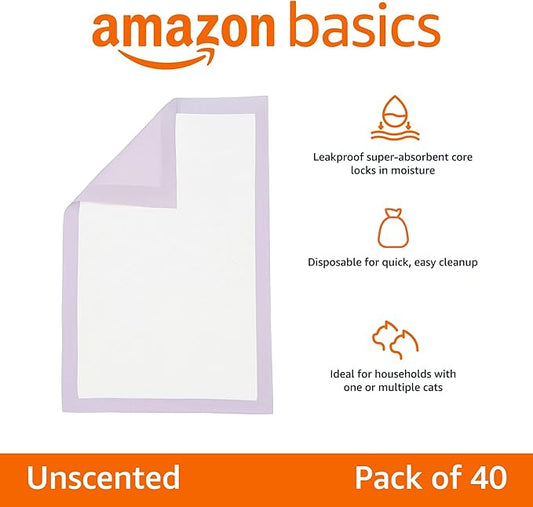 Amazon Basics Cat Pee Pads, Super Absorbent, Odor Control, Universal Fit for Litter Box, Disposable, Multi Cat, Unscented, Purple, 40 Count