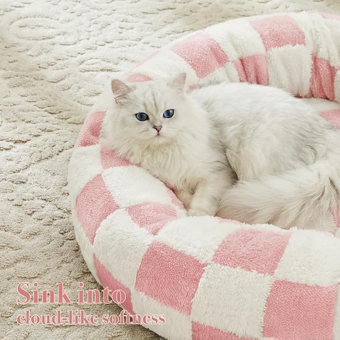 Checkered Cat Dog Bed, Cute Girly Pink Retro Style Aesthetic Round Warming Pet Calming Beds for Small Dog and Cats, Plush Cozy Donut Beds Washable, 23" L x 23" W x 8" Th