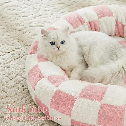 Checkered Cat Dog Bed, Cute Girly Pink Retro Style Aesthetic Round Warming Pet Calming Beds for Small Dog and Cats, Plush Cozy Donut Beds Washable, 23" L x 23" W x 8" Th
