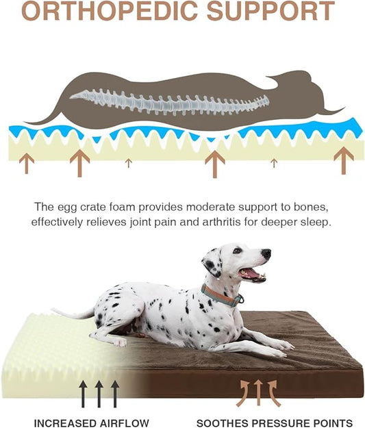 KSIIA Orthopedic Dog Bed Crate Waterproof Pet Mats for Large Dogs Deluxe Plush Washable Pet Bed with Egg Crate Foam & Removable Cover, 35 x 22 Inch, Brown