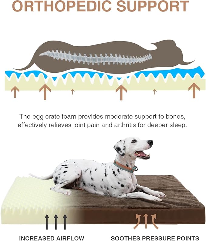 KSIIA Orthopedic Dog Bed Crate Waterproof Pet Mats for Extra Large Dogs Deluxe Plush Washable Pet Bed with Egg Crate Foam & Removable Cover, 47 x 29 Inch, Brown
