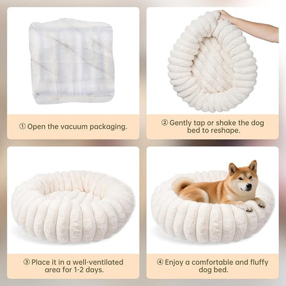 Donut Dog and Cat Bed, Luxurious Comfortable Faux Rabbit Fur Pet Beds, Round Anti-Anxiety Calming Puppy Kitten Bed with Anti-Slip Bottom for Small Medium Large Dogs & Cats(36", White)