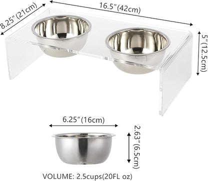 The LICKER Store DBL2000A Keaton 5" Small/Medium Modern Lucite Rectangular Elevated Pet Feeder with 20oz 2-Stainless Steel Bowls, Clear/Chrome