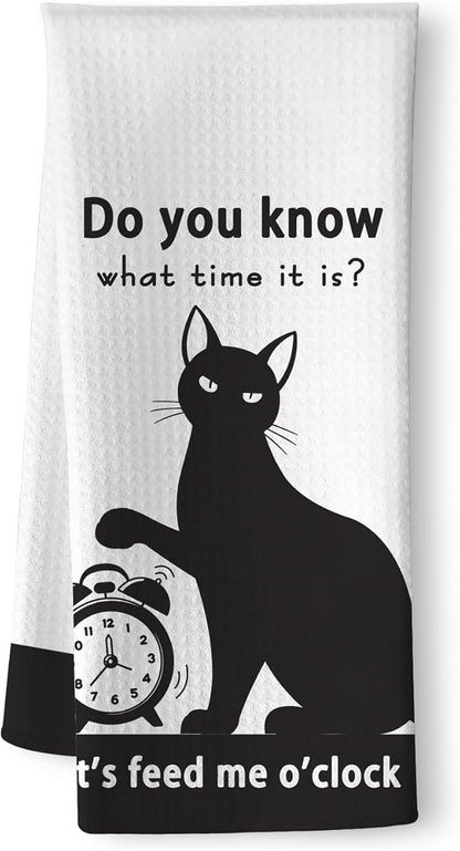 Cat Kitchen Towels - Funny Feeding Time Quick-Dry Implied Message Art Hand Towel, Decorative Dish Towel with Whimsical 'Meal O'Clock' Motif for Feline Ladies & Pet Parents | Crazy Cat Lady Gifts