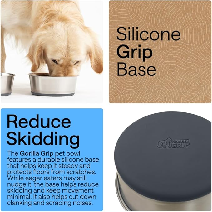 GORILLA GRIP Dog Bowls, Heavy Duty 304 Stainless Steel, Holds 1 Cup Each (8 fl oz) Food and Water Bowl for Feeding Dogs and Cats, Dishwasher Safe, Rust Resistant, BPA Free Rubber Base Set of 2 Gray