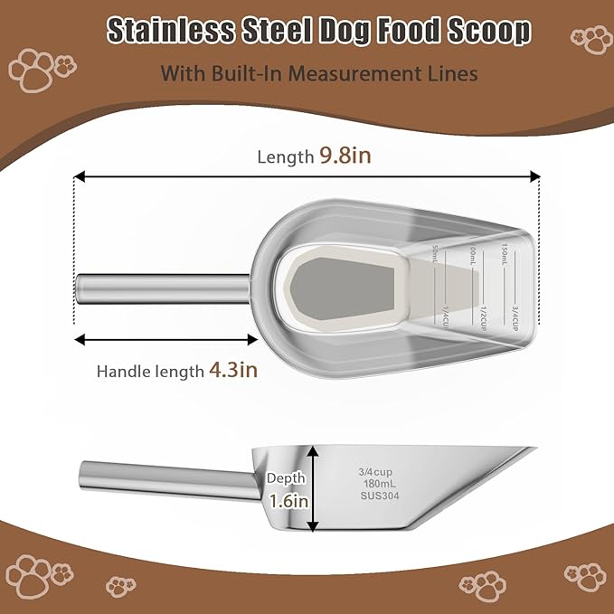 Pet cat-dog food-scoop measuring cup - Food-grade 304 stainless steel material | 3/4 Cup capacity | Precision scale measurements