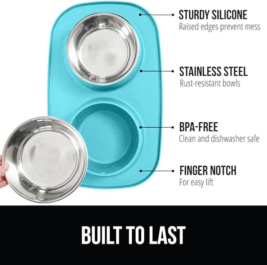 GORILLA GRIP Feeding Mat Bowl Set, 100% Waterproof BPA Free Silicone, 304 Stainless Steel Cat and Dog Bowls for Food and Water, Slip Resistant, High Edge, US Designed, Patent Pending, 2 Cup Turquoise