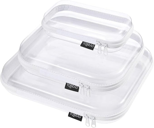 Hard Sided Clear Zipper Case for Storage- Professional-Grade Plastic Clear Zipper Pencil Case,Toy Storage Bins, Toiletry Pouch, Travel Organizer, Cosmetic Bag（White,3 Pack, LMS）