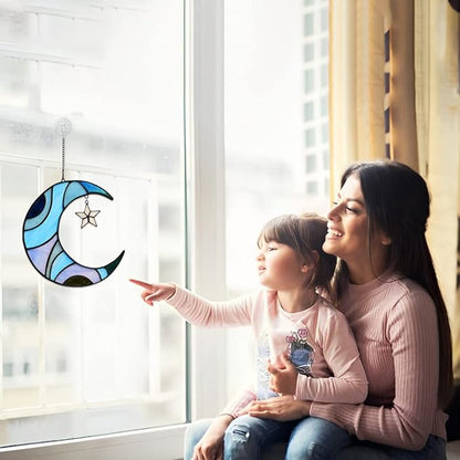 Stars and Moon Stained Glass Suncatcher - Window Decor Gift for Home Indoor - Crescent Moon and Star Decorations for Women