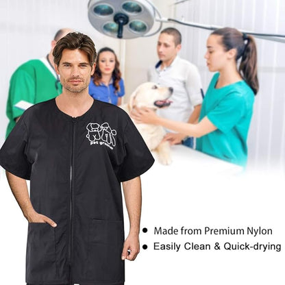 Noverlife Short Sleeves Pet Grooming Work Clothes with Full Zipper, 3XL Size, Splash Proof Anti-Static Pet Beautician Smock, Dog Cat Groomer Cosmetologist Uniforms for Pet Shop Men Women
