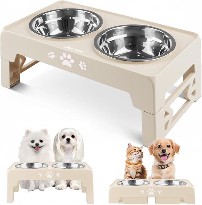 Elevated Dog Bowls for Small Dogs and Cats, Dog Feeder with 2 Thick 5.5" Stainless Steel Dishes, Non-Slip 2 Heights Adjustable to 2.6"-5.3"