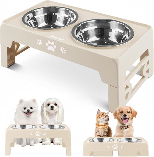 Elevated Dog Bowls for Small Dogs and Cats, Dog Feeder with 2 Thick 5.5" Stainless Steel Dishes, Non-Slip 2 Heights Adjustable to 2.6"-5.3"