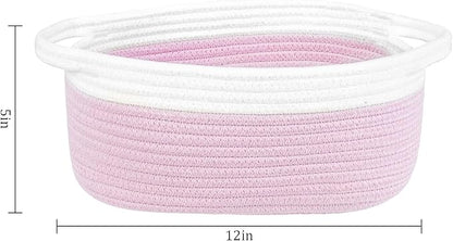 ABenkle Small Basket with Handles, Boho Decorative Rope Woven Dog Cat Toy Storage Bin Shelf Storage Organizer, Easter Christmas Gift Basket, 12"x8"x5", Pink