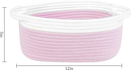 ABenkle Small Basket with Handles, Boho Decorative Rope Woven Dog Cat Toy Storage Bin Shelf Storage Organizer, Easter Christmas Gift Basket, 12"x8"x5", Pink