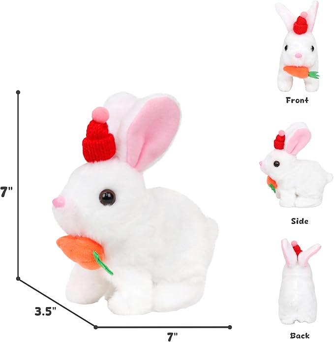 Easfan Bunny Plush Jumping Spotted White Rabbit with Hat Hopping Ears Nose Moving Educational Plush Toy Singing Shaking Glowing Interactive Toy Electric for Toddlers Kids