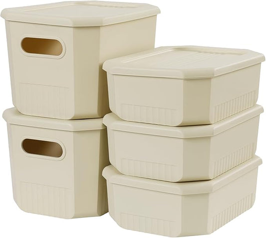 ANMINY 5PCS Plastic Storage Bins Containers with Lids, Large Storage Organization Bins Boxes, Lidded Plastic Storage Baskets for Closet Shelves Desktop, Ivory Lids, 2M + 3S