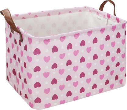 Rectangular Pink Heart Gift Basket Empty,Fabric Storage Basket with Handles,Kids Toys/Books Box,Lovely Storage Bin,Room Decor(Pink Love)