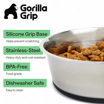 GORILLA GRIP Dog Bowls, Heavy Duty 304 Stainless Steel, Holds 4 Cups Each (32 fl oz) Food and Water Bowl for Feeding Dogs and Cats, Dishwasher Safe, Rust Resistant, BPA Free Rubber Base Set of 2 Black