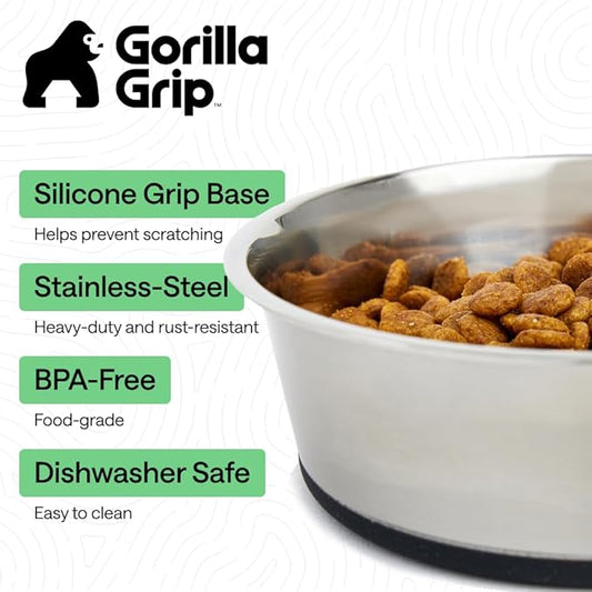 GORILLA GRIP Dog Bowls, Heavy Duty 304 Stainless Steel, Holds 4 Cups Each (32 fl oz) Food and Water Bowl for Feeding Dogs and Cats, Dishwasher Safe, Rust Resistant, BPA Free Rubber Base Set of 2 Black