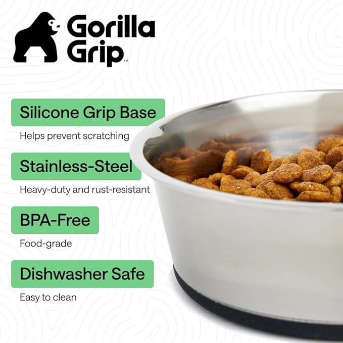 GORILLA GRIP Dog Bowls, Heavy Duty 304 Stainless Steel, Holds 1 Cup Each (8 fl oz) Food and Water Bowl for Feeding Dogs and Cats, Dishwasher Safe, Rust Resistant, BPA Free Rubber Base Set of 2 Black