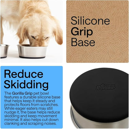 GORILLA GRIP Dog Bowls, Heavy Duty 304 Stainless Steel, Holds 6 Cups Each (48 fl oz) Food and Water Bowl for Feeding Dogs and Cats, Dishwasher Safe, Rust Resistant, BPA Free Rubber Base Set of 2 Black