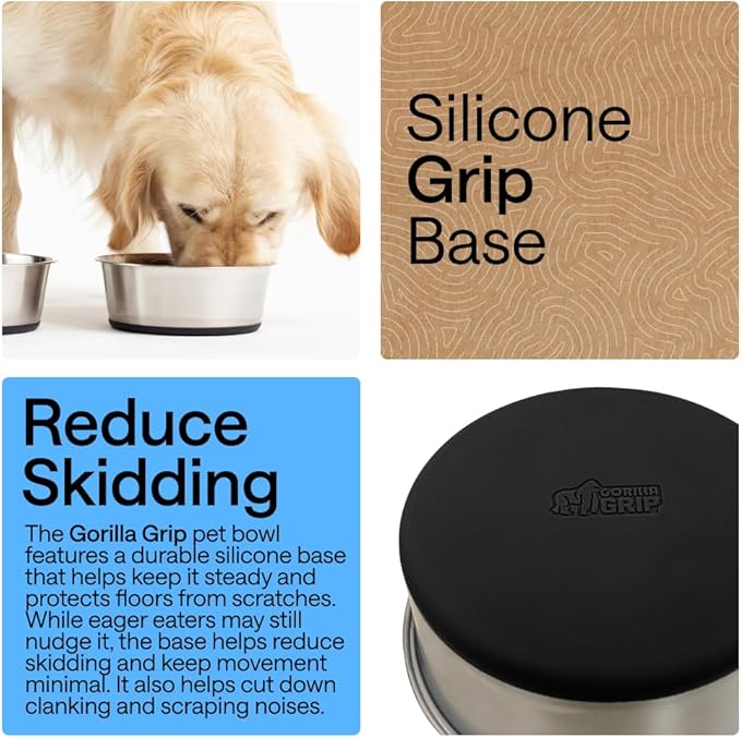 GORILLA GRIP Dog Bowls, Heavy Duty 304 Stainless Steel, Holds 2 Cups Each (16 fl oz) Food and Water Bowl for Feeding Dogs and Cats, Dishwasher Safe, Rust Resistant, BPA Free Rubber Base Set of 2 Black