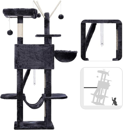 Hey-brother Cat Tree, 53 inch Cat Tower for Indoor Cats, Cat House with Padded Platform Bed, Toy Balls, Large Cozy Condo, Hammocks and Sisal Scratching Posts, Smoky Gray MPJ019-SG