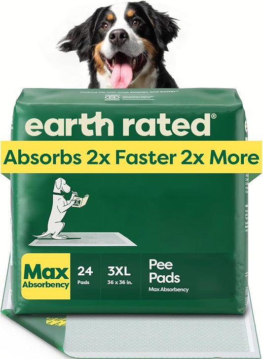 Earth Rated Puppy Pads, Max Absorbency Pee Pads for Dogs, Absorbs 2X Faster & 2X More, Leak Prevention, Potty Training, Fragrance-Free, Unscented, 3XL, 36” x 36”, 24 Count