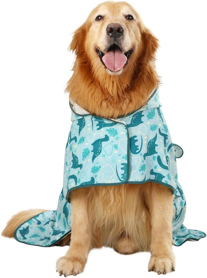 HDE Dog Bathrobe Super Absorbent Quick Drying Puppy Towel Wrap Coat Adjustable After Bath Robes with Hood for Dog Sizes S-XXL Dinosaurs L