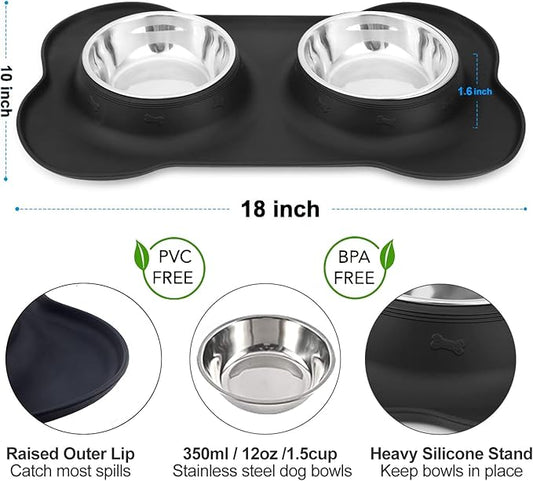 AsFrost Dog Food Bowls Stainless Steel & Water Dish with No-Spill and Non-Skid, Feeder Bowls with Dog Food Dish for Small Medium Large Size,Dogs,Cats,Puppy Pets, Black, 12oz