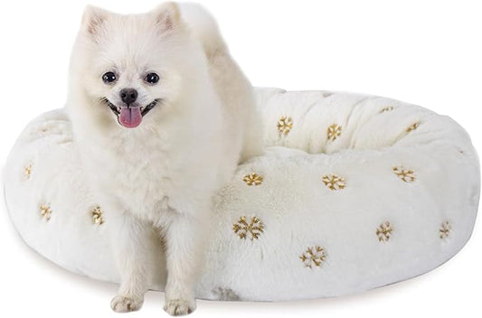 23 Inch Christmas Snowflakes Calming Dog Bed for Small Dogs Cats, Kitty Puppy Round Anti-Anxiety Warm Bed, Soft Cozy Anti-Slip Donut Washable Pet Bed, Fits up to 30 lbs Pets