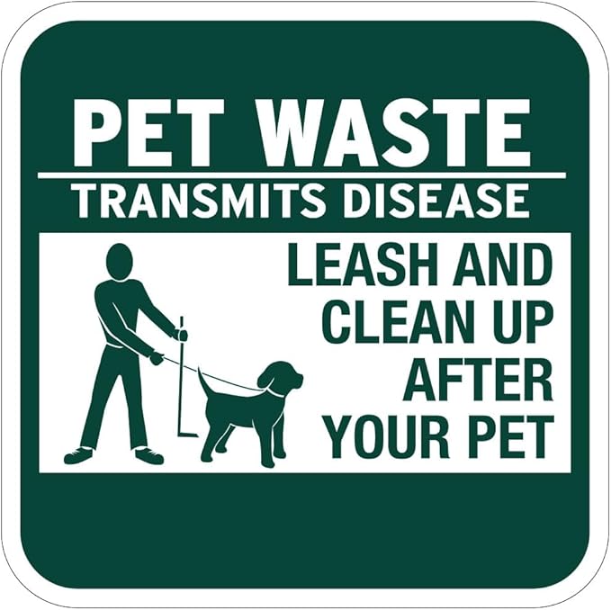 "Pet Waste Transmits Disease - Clean Up After Your Pet" Sign - 12" w x 12" h Square - Rustproof Aluminum- Metal Outdoor Dog Waste Station Sign for Outdoor Parks, HOAs, Homes (No Fine)