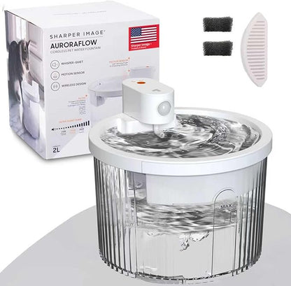 Sharper Image Wireless Water Fountain for Cats, 68oz/2L Ultra Quiet Pump Cordless Cat Water Fountain, Rechargeable Cat Drinking Fountain with Motion Sensor, 2 Replacement Sponge Filters & Mat