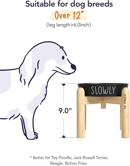 Ceramic Slow Feeder Dog Bowls Elevated, 3 Cups Raised Dog Bowl with Wooden Stand for Medium Large Breed to Slow Down Eating, Puzzle Food Bowl,Black