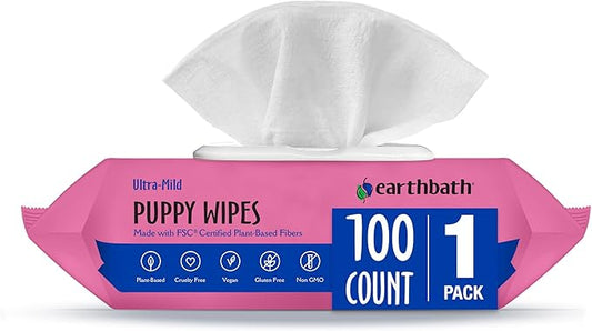 earthbath, Ultra-Mild Wild Cherry Puppy Wipes - Dog Wipes for Paws and Butt, Best Pet Wipes for Dogs & Puppies, Made in USA, Cruelty-Free Dog Cleaning Wipes - 100 Count (1 Pack)