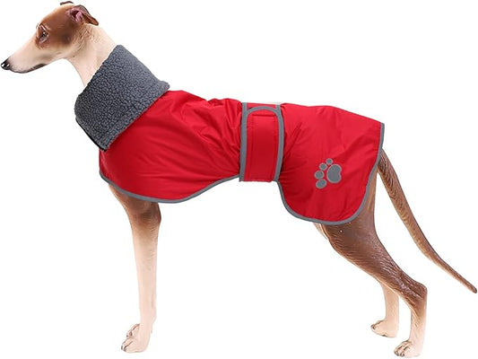 Geyecete Dog Winter Coat Greyhound Raincoat Fabric with Lamb Velvet Inside Outdoor Dog Apparel with Adjustable Bands for Medium, Large Dog-Red-S