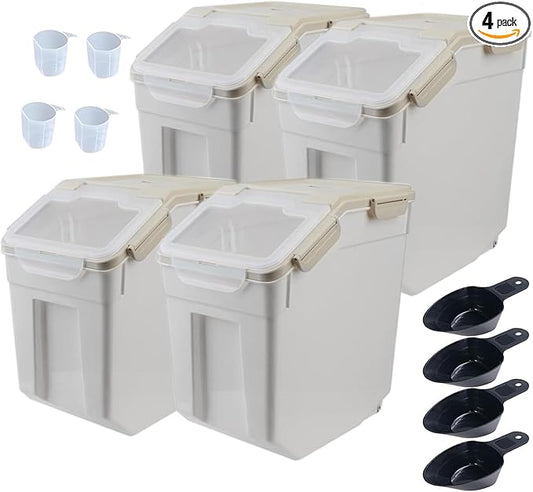 AnRui Airtight Rice Storage Container 30LBS, Large Flour Storage Containers BPA Free Kitchen Pantry Food Storage Bin Sugar Snack Cereal Grain Organizer Box with Wheel, Scoop, 4Pack, Grey