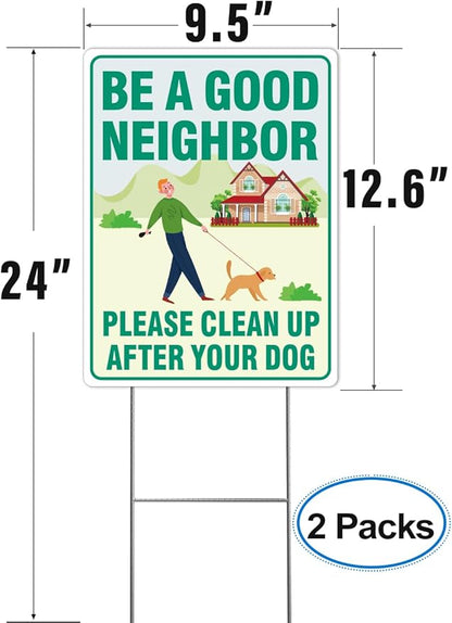 Clean Up After Your Dog Signs, 2 Pack 12.6" x 9.5" with Metal Stake, No Pooping Dog Signs with UV Protected & Waterproof, Double Sided Pick Up After Your Sign for Yard