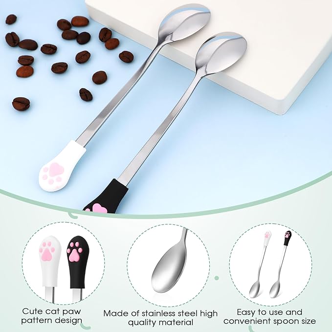 4 Pcs Stainless Steel Dog Cat Spoon Cat Claw Spoon for Wet Food Long Handle Cats Food Scoop Cute Pet Can Spoons Pet Feeder Spoons for Dog and Cats Foods Can (White and Black)