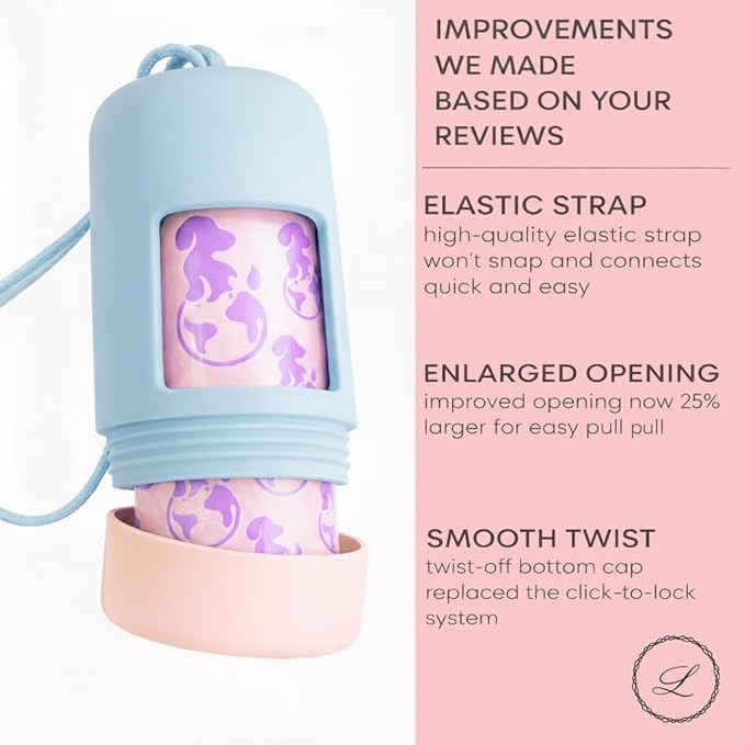 Dog Poop Bag Holder [2-Pack] | With 30 Extra-thick Dog Bags for Poop | Waste Bag Dispenser with Premium Soft-Touch Coating | Enlarged Dispense Opening, Stylish Color-Block Design (Blush Sky)