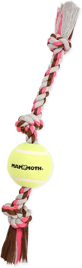 Mammoth Flossy Chews Color 3 Knot Tug w/Large Tennis Ball – Premium Cotton-Poly Tug Toy for Dogs – Interactive Dog Tug Toy – Rope Dog Toy with Tennis Ball for Large Dogs - 24”