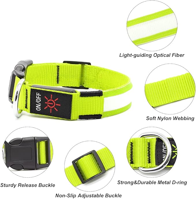 Illumifun LED Dog Collar, USB Rechargeable Light Up Dog Collars, Adjustable Glow Collars Safety Light for Small Medium Large Dogs (Green, Large)