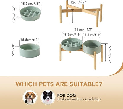 Ceramic 1.2 Cup Raised Slow Feeder Dog Bowl Set, Elevated 6.1inch Bowl and 7.3inch Slow Pet Food Dish with Wooden Stand for Small and Medium Dog (2 x Light Green+ Stand)