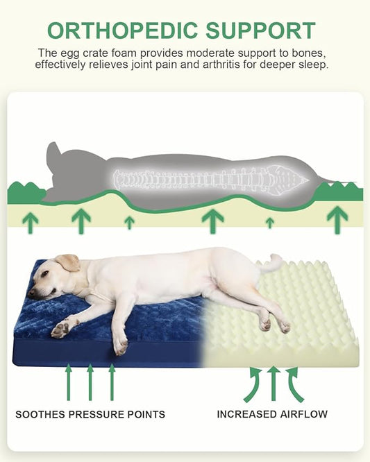 KSIIA Orthopedic Dog Crate Bed Waterproof Dog beds for Large Dogs Deluxe Plush Washable Pet Mat with Egg Crate Foam & Removable Cover, 41 x 27 Inch, Blue