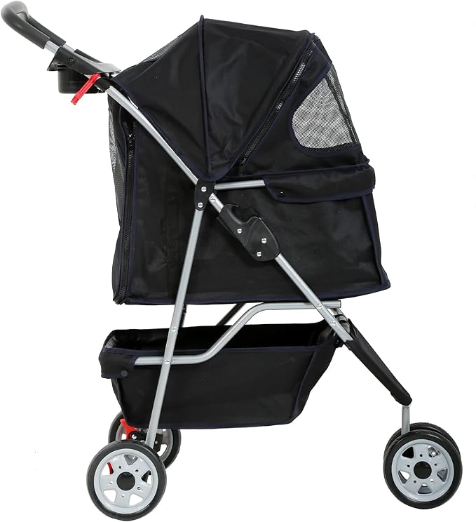 Dkeli 3-Wheel Pet Stroller, Lightweight Foldable Dog Stroller for Small Medium Dogs & Cats, Breathable Mesh & Weather Cover with Storage Basket, for Daily Walk Outdoor Travel (Black)
