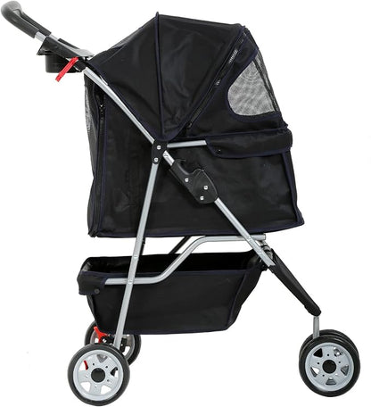Dkeli 3-Wheel Pet Stroller, Lightweight Foldable Dog Stroller for Small Medium Dogs & Cats, Breathable Mesh & Weather Cover with Storage Basket, for Daily Walk Outdoor Travel (Black)