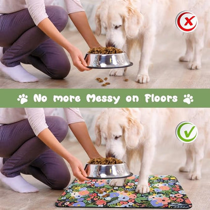 Dog Food Mats for Floors Waterproof, Pet Water Bowl Mats Pet Feeding Absorbent Placemats Flower 16 * 24 inch