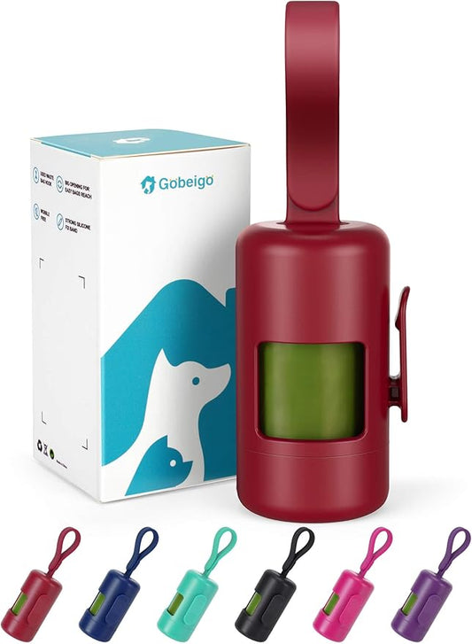 Gobeigo Dog Poop Bag Holder【Convenient Hook for Used Bags】【Silicone Strap Fits Any Leash】【Large Opening for Easy Dispensing】with 1 Roll Waste Bags (Red)